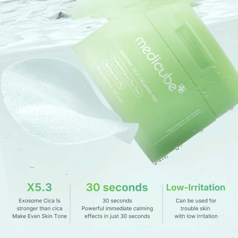 Medicube Exosome Cica Calming Pads bajo el agua, con Ventajas: 5,3x más fuerte que cica, efecto en 30 segundos, baja irritación.