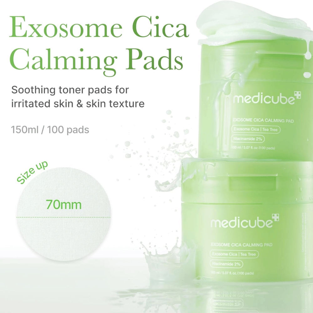 Medicube Exosome Cica Calming Pads en un frasco verde, almohadillas tonificantes calmantes con niacinamida y tea tree para piel irritada, 150 ml/100 almohadillas.