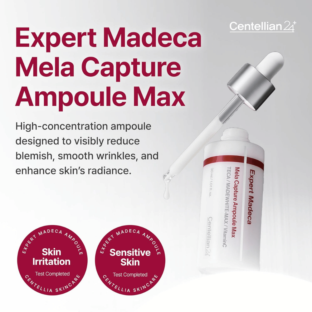 Centellian24 Expert Madeca Mela Capture Ampoule Max 30 ml – ampolla coreana concentrada para manchas de pigmentación, líneas finas y una luminosidad mejorada.