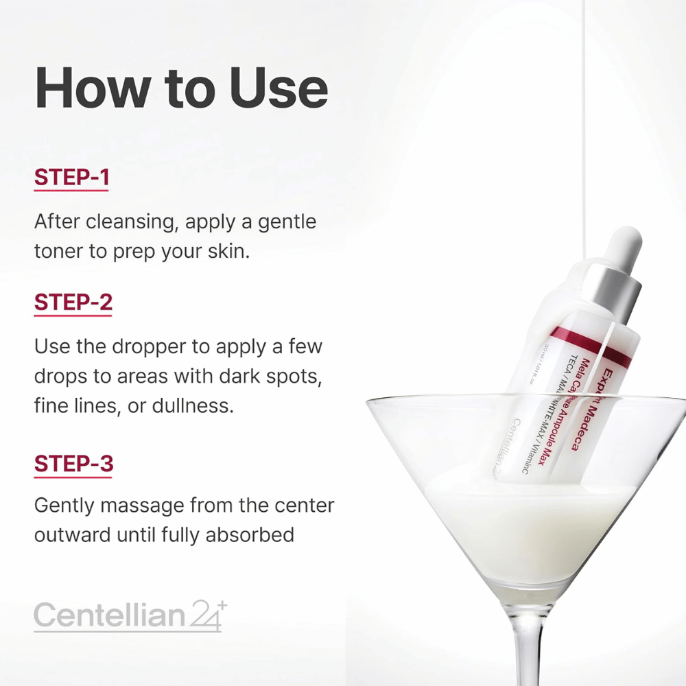 Centellian24 Expert Madeca Mela Capture Ampoule Max – aplica unas gotas en las zonas con manchas de pigmentación, líneas finas o piel apagada y masajea suavemente hasta su absorción.