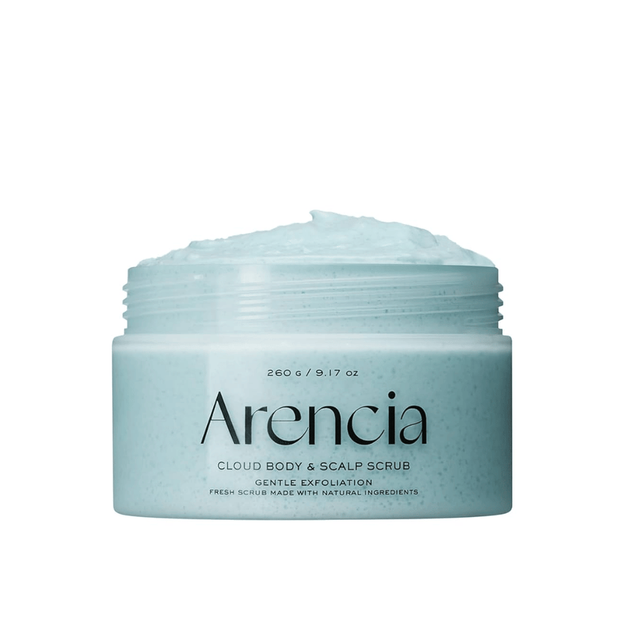 Arencia Fresh Cloud Scrub French Mint & Lily en fondo blanco. Exfoliante corporal y capilar refrescante que exfolia suavemente y proporciona una sensación de piel fresca y suave.