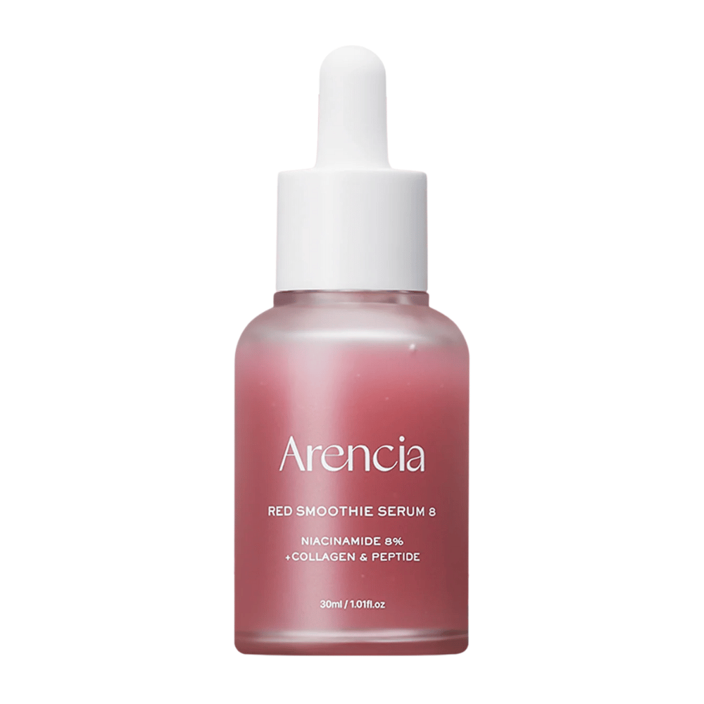 Arencia Red Smoothie Serum 8 en botella de vidrio con pipeta, 30 ml. Un suero rosa con niacinamida, colágeno y péptidos que fortalece la barrera cutánea y aumenta la elasticidad.