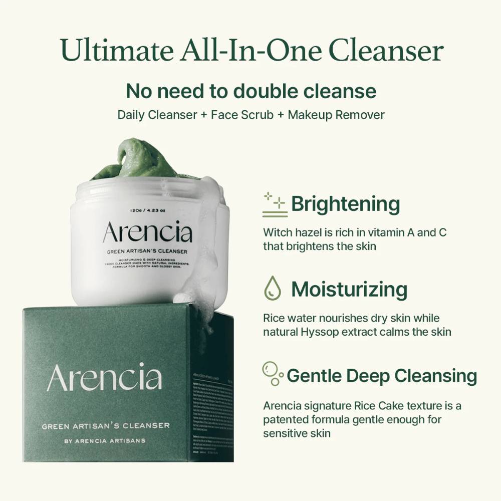 Arencia Green Artisan's Cleanser se muestra con tarro y caja. El texto destaca Ventajas: Brightening (vitamina A & C), Moisturizing (agua de arroz & hisopo), Gentle Deep Cleansing con textura de arroz patentada.