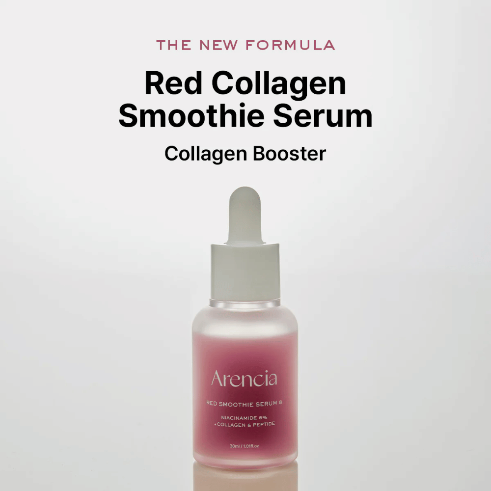 Arencia Red Smoothie Serum 8 se presenta como "Red Collagen Smoothie Serum", un potente potenciador de colágeno con 8 % de niacinamida, colágeno y péptidos.