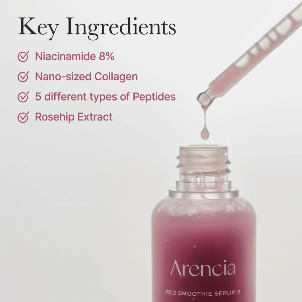 Arencia Red Smoothie Serum 8 se muestra con sus ingredientes clave: 8 % de niacinamida, nano-colágeno, cinco tipos de péptidos y extracto de rosa mosqueta para una piel más firme y clara.