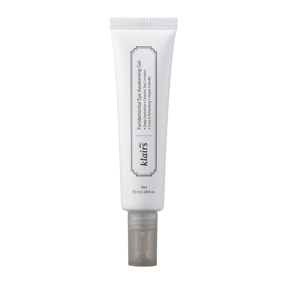 Imagen de producto recortada de Klairs Fundamental Eye Awakening Gel sobre fondo blanco. El tubo se muestra de frente para presentar claramente el nombre del producto, el tamaño y el diseño limpio y minimalista que caracteriza a los productos de Klairs.
