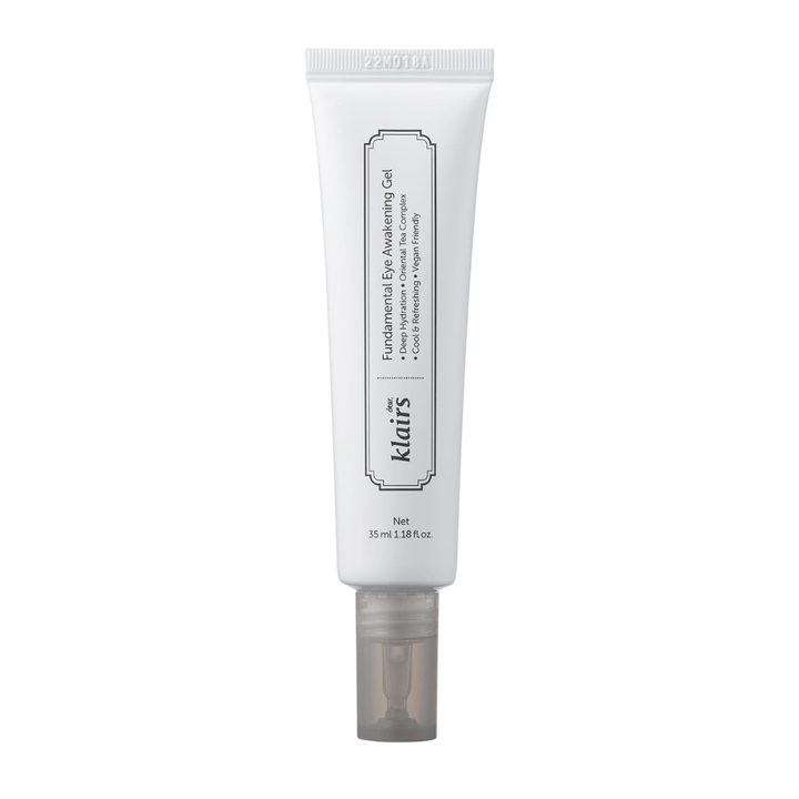 Imagen de producto recortada de Klairs Fundamental Eye Awakening Gel sobre fondo blanco. El tubo se muestra de frente para presentar claramente el nombre del producto, el tamaño y el diseño limpio y minimalista que caracteriza a los productos de Klairs.