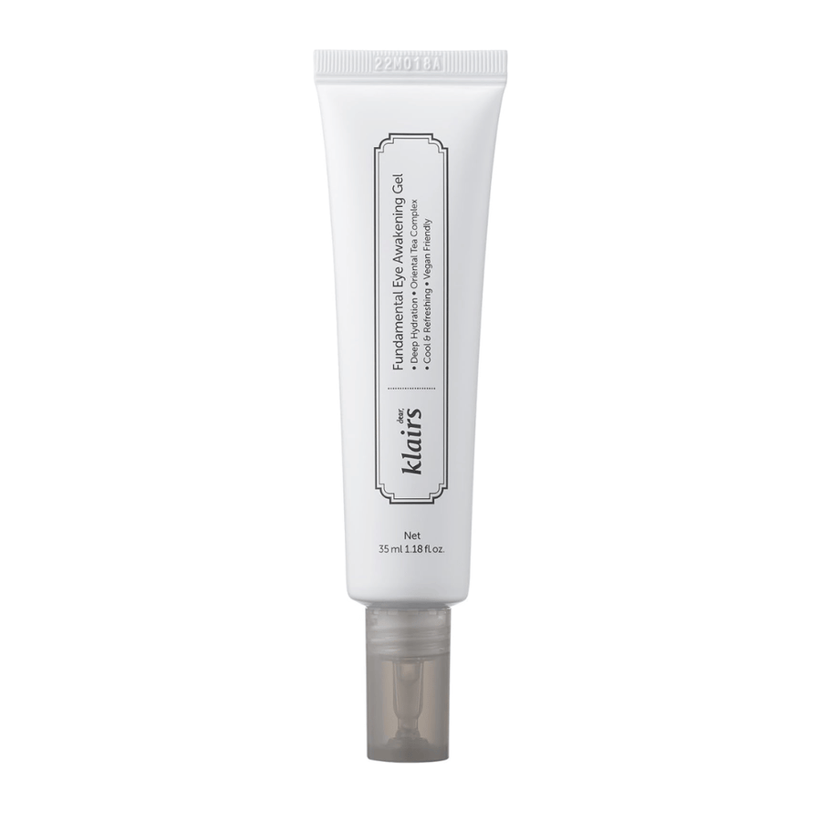 Imagen de producto recortada de Klairs Fundamental Eye Awakening Gel sobre fondo blanco. El tubo se muestra de frente para presentar claramente el nombre del producto, el tamaño y el diseño limpio y minimalista que caracteriza a los productos de Klairs.