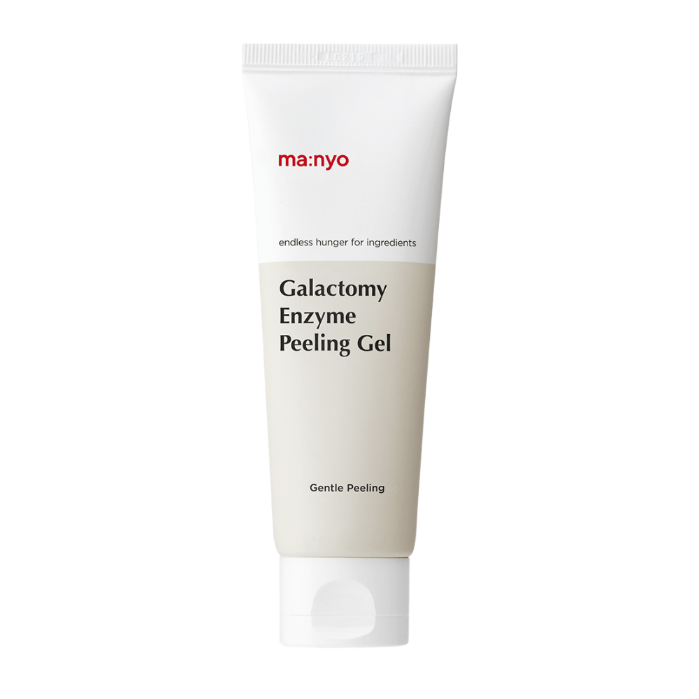 ma:nyo Galactomy Enzyme Peeling Gel, gel exfoliante suave en tubo blanco y beige sobre fondo blanco.