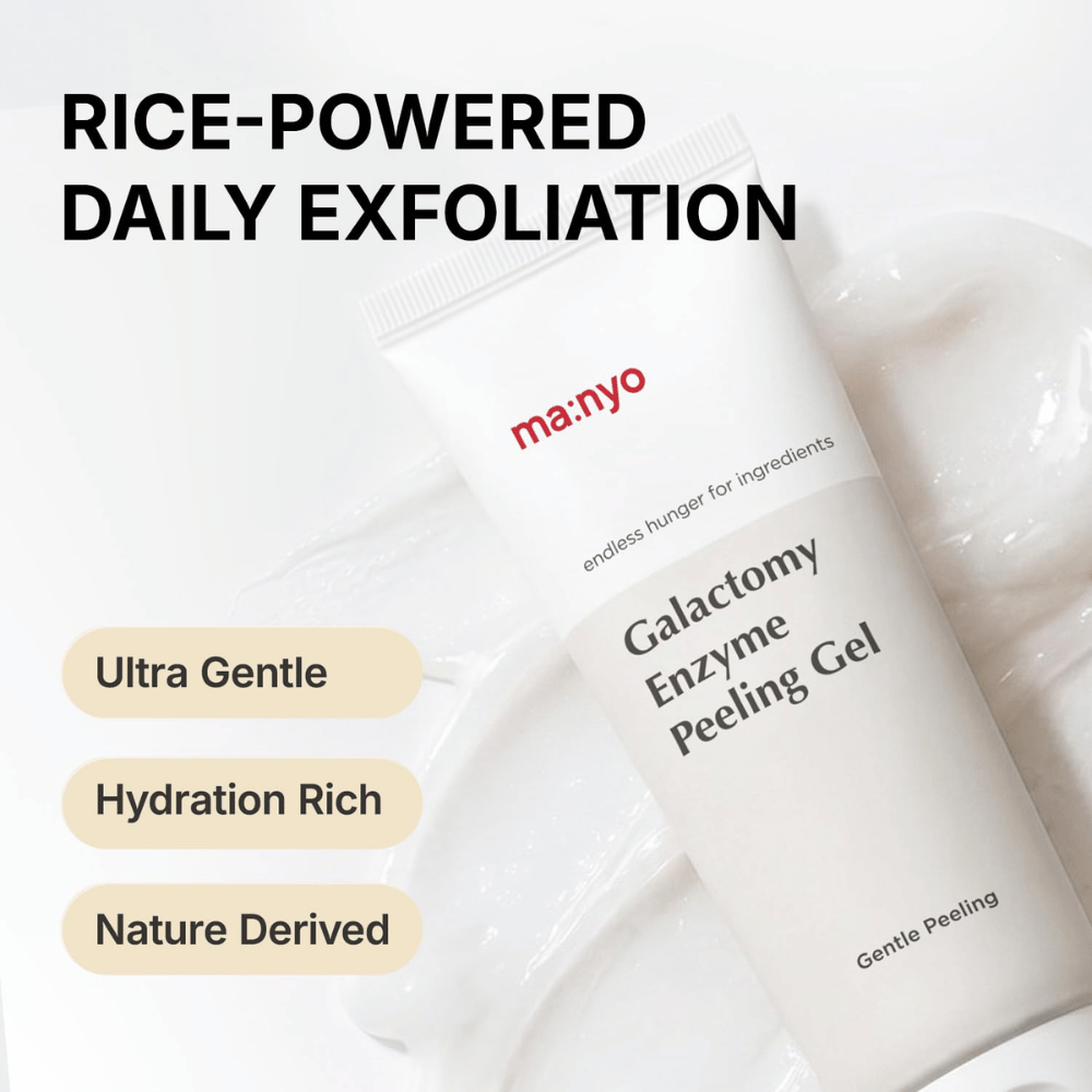 ma:nyo Galactomy Enzyme Peeling Gel, exfoliante facial suave con ingredientes a base de arroz y textura de gel hidratante.