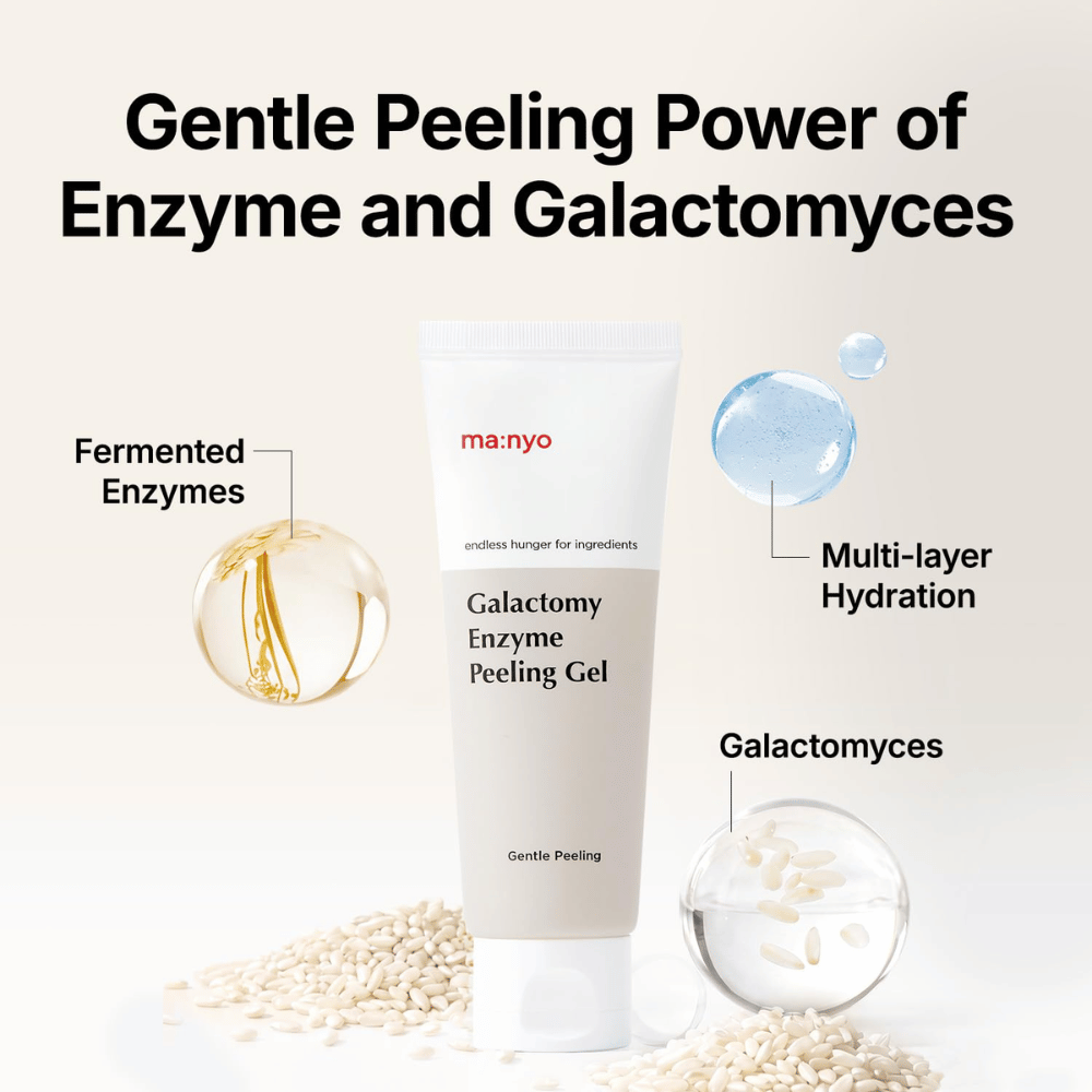 ma:nyo Galactomy Enzyme Peeling Gel con enzimas fermentadas y galactomyces que exfolian e hidratan la piel.