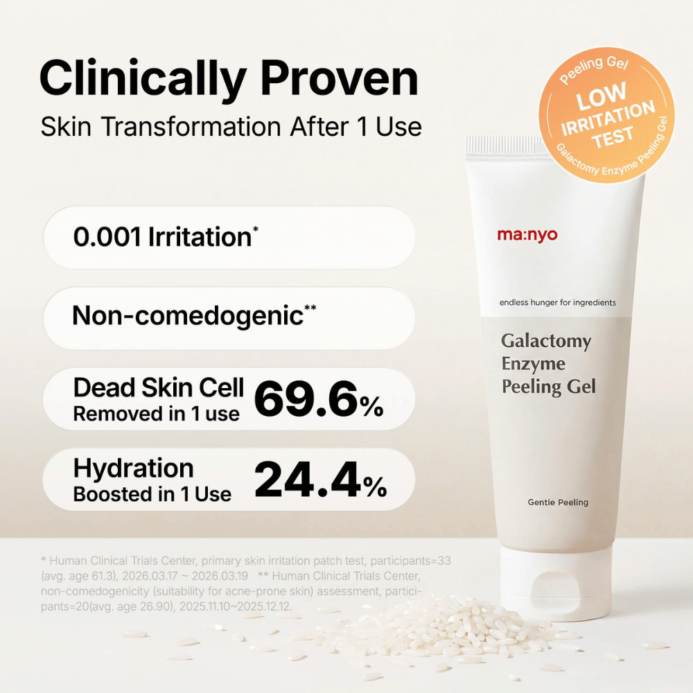ma:nyo Galactomy Enzyme Peeling Gel con resultados de pruebas clínicas para exfoliación, hidratación y fórmula respetuosa con la piel.