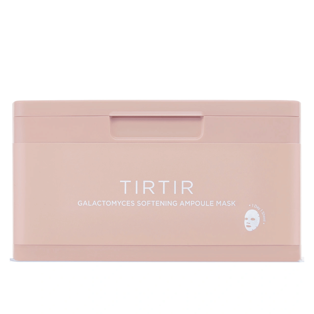 Contenedor rosa con el texto "TIRTIR GALACTOMYCES SOFTENING AMPOULE MASK" y un pequeño icono de un Sheet mask, diseñado para almacenar varias mascarillas faciales.