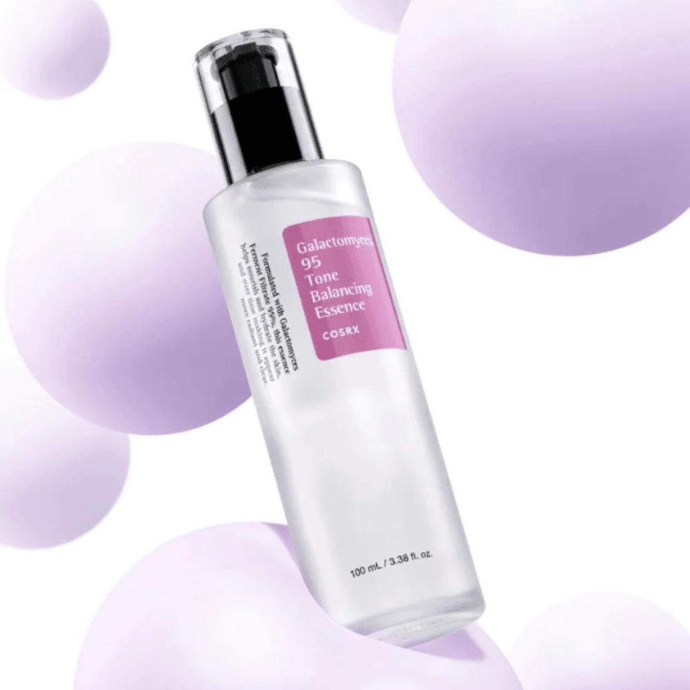 COSRX Galactomyces 95 Tone Balancing Essence en botella transparente con etiqueta morada. La esencia proporciona luminosidad, equilibra el tono de la piel y mejora la textura de la piel.