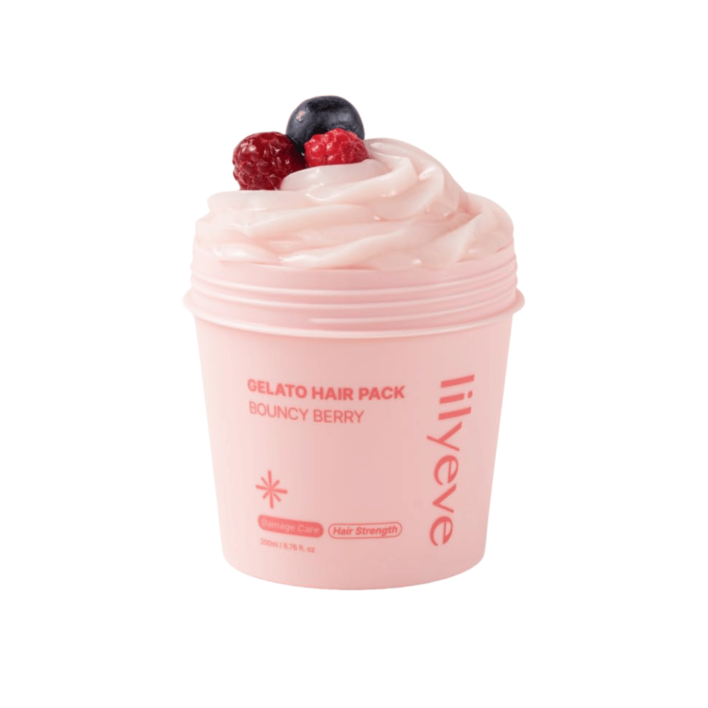 LILYEVE Gelato Hair Pack Bouncy Berry 200 ml – mascarilla proteica rosa para cabello dañado con enfoque en fuerza y suavidad.