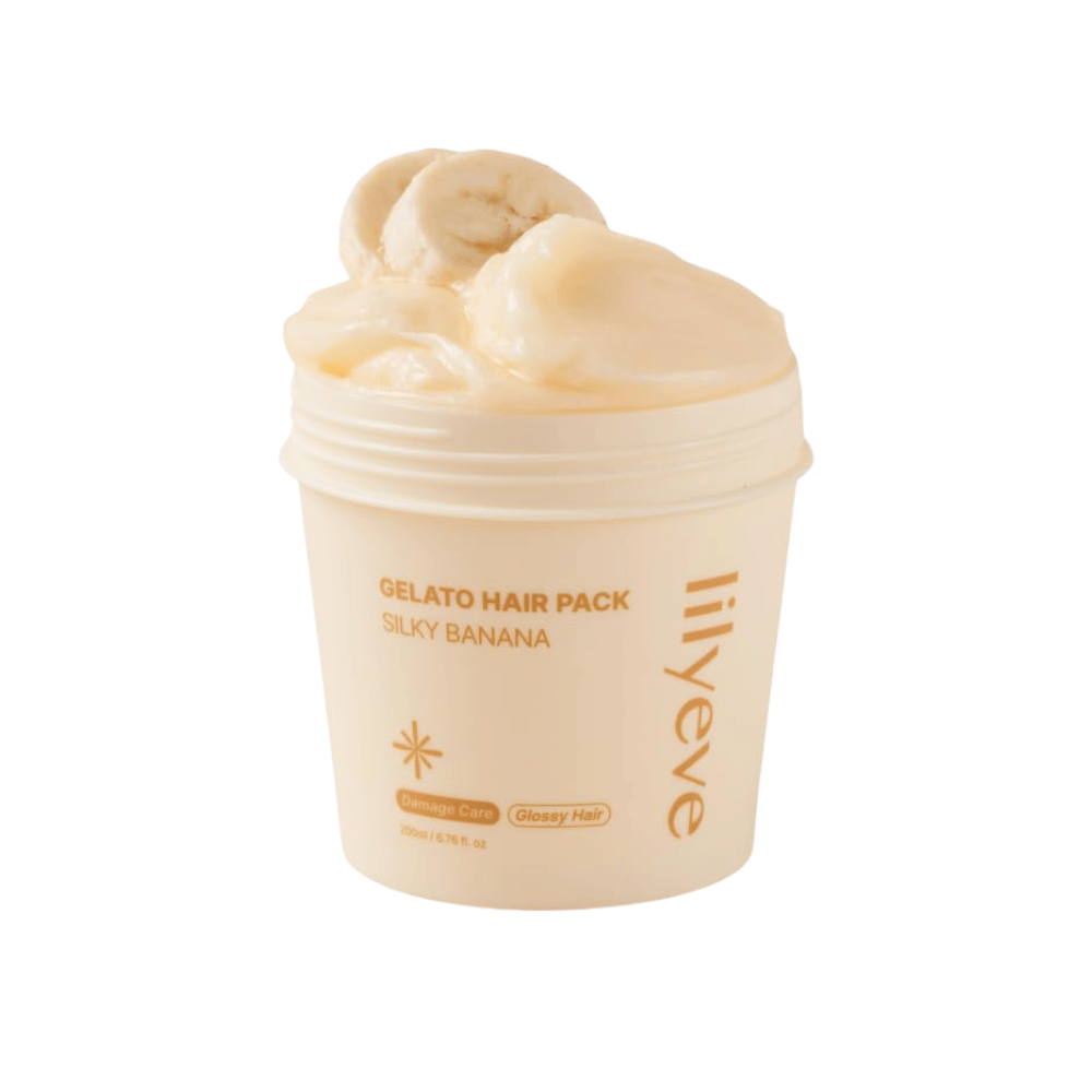 LILYEVE Gelato Hair Pack Silky Banana 200 ml – mascarilla capilar cremosa para cabello dañado con enfoque en suavidad y brillo.