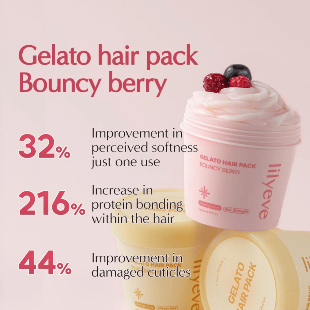 LILYEVE Gelato Hair Pack Bouncy Berry – mascarilla proteica fortalecedora para un cabello más suave y el cuidado de las hebras dañadas.