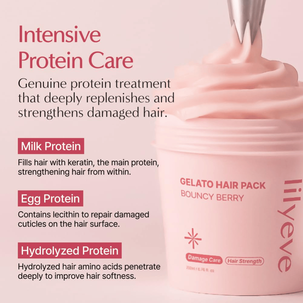 LILYEVE Gelato Hair Pack Bouncy Berry con proteína de leche, proteína de huevo y proteína hidrolizada para el cuidado intensivo del cabello dañado.