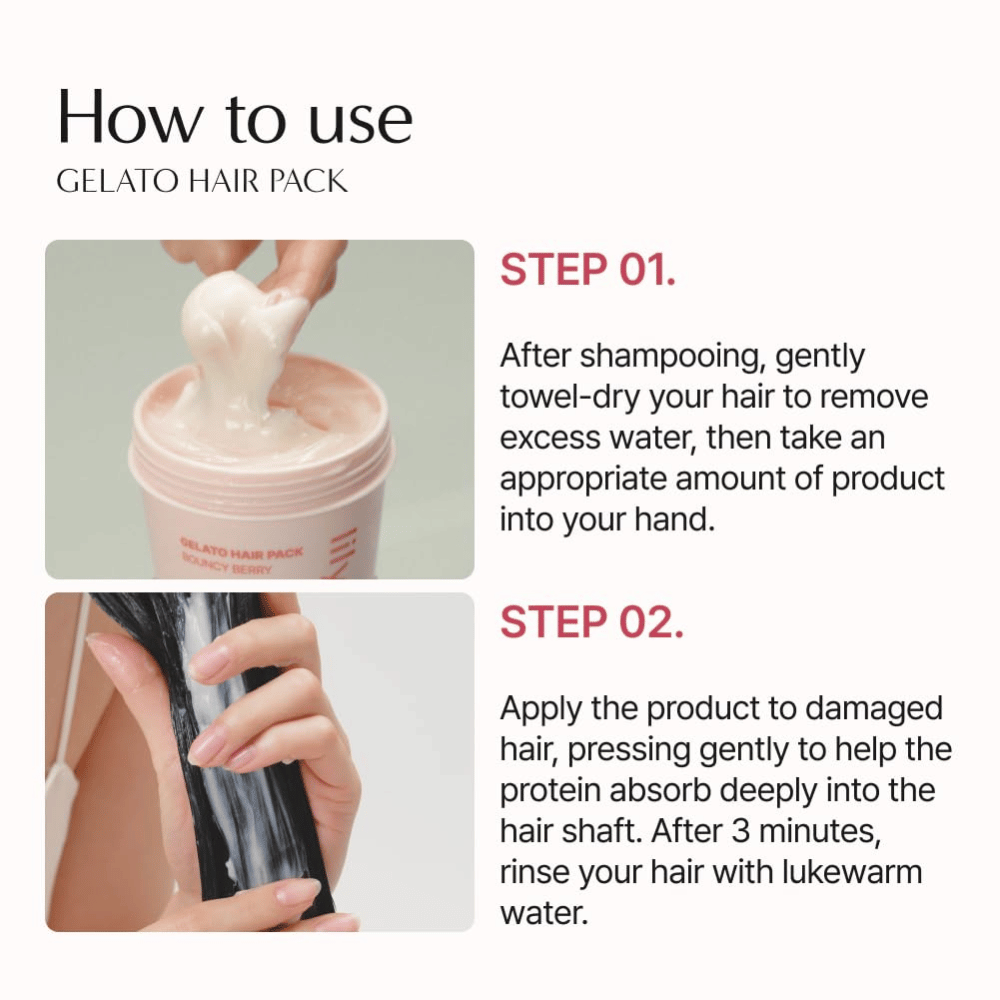Cómo usar LILYEVE Gelato Hair Pack – aplica la mascarilla capilar sobre el cabello secado con toalla, déjala actuar durante 3 minutos y aclara.