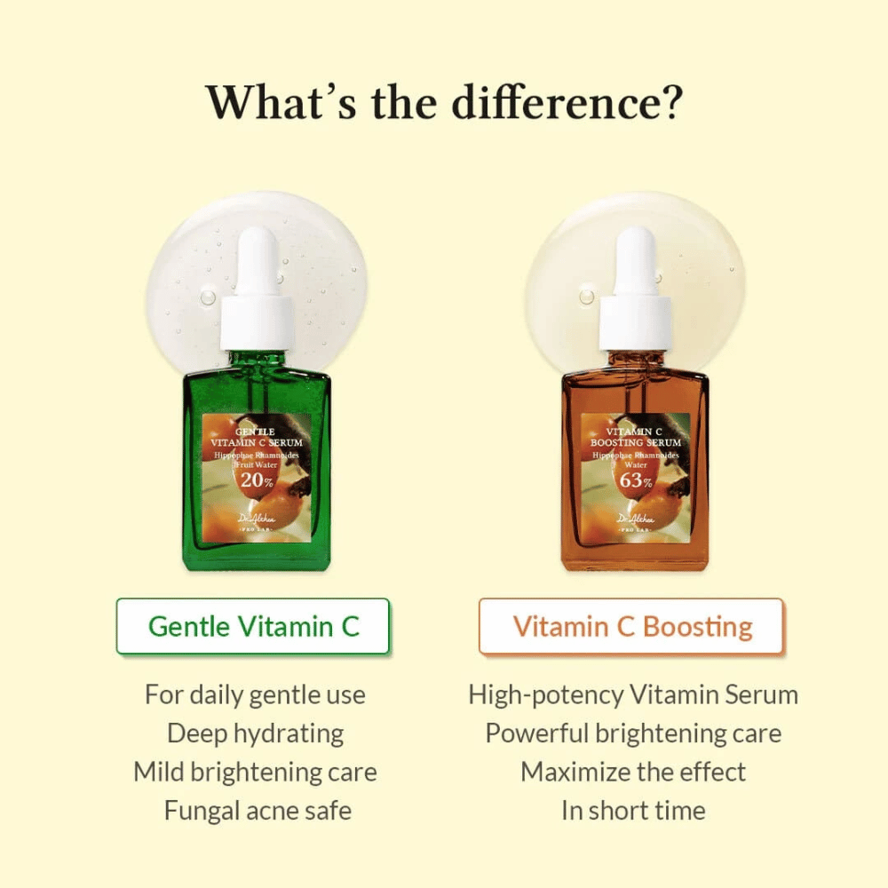 Gentle Vitamin C Serum es perfecto para el uso diario, hidrata profundamente y proporciona una suave iluminación de la piel. Seguro para piel con acné fúngico. Vitamin C Boosting Serum tiene alta concentración para una iluminación potente y resultados rápidos. Ideal para necesidades intensas de la piel.