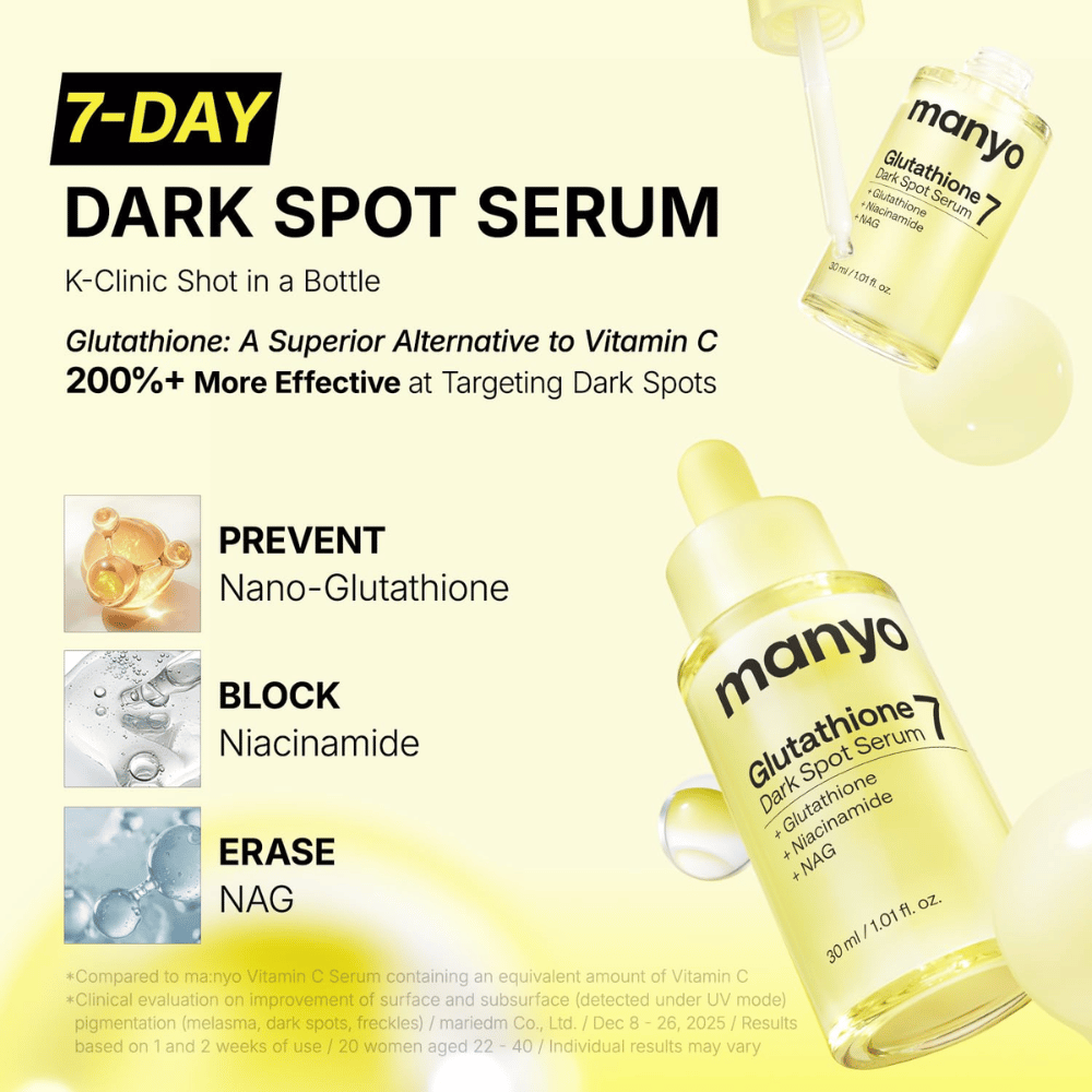 Ma:nyo Glutathione 7 Dark Spot Serum para el tratamiento intensivo de las manchas de pigmentación con glutatión, niacinamida y NAG