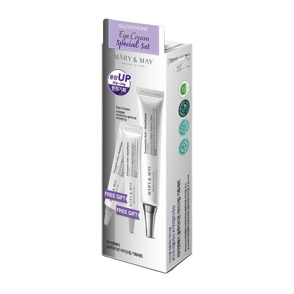 Mary&May Glutathione Eye Cream Special Set con productos de bonificación, un popular set de K-beauty para iluminación intensa y cuidado de la piel alrededor de los ojos.