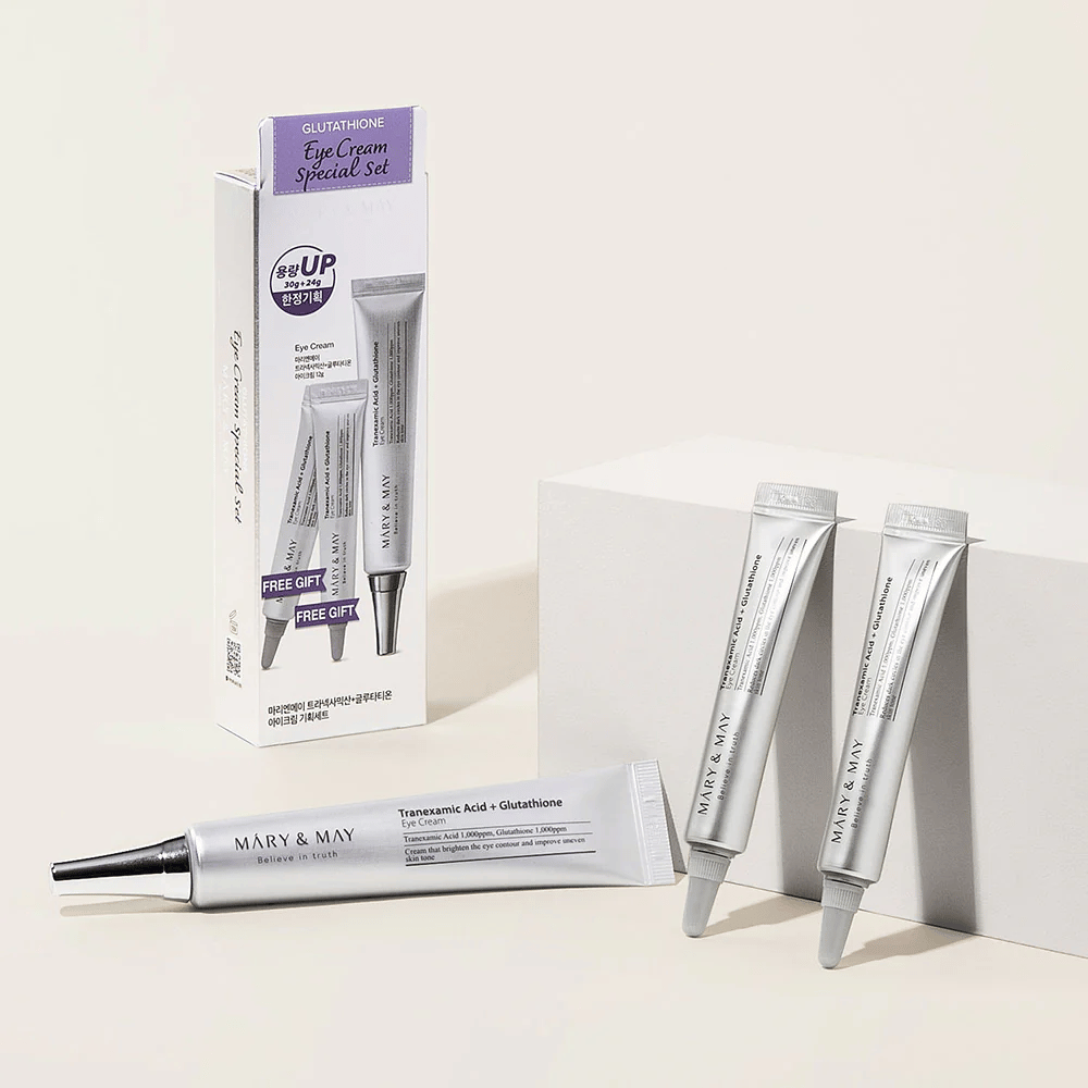 Mary&May Tranexamic Acid + Glutathione Eye Cream Set Especial con embalaje original y tubos adicionales, un set completo para cuidado de ojos iluminador y unificante.