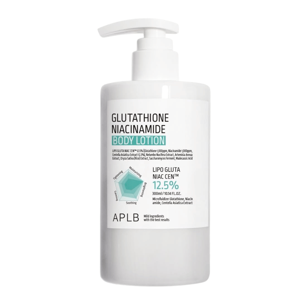 APLB Glutathione Niacinamide Body Lotion imagen del producto con frasco con dosificador y fórmula avanzada para hidratación, luminosidad y mejora de la elasticidad de la piel