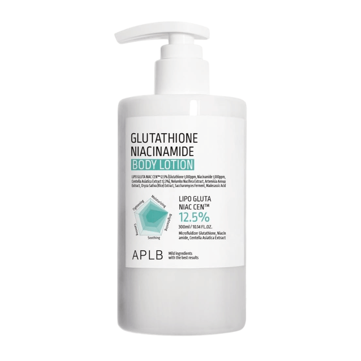 APLB Glutathione Niacinamide Body Lotion imagen del producto con frasco con dosificador y fórmula avanzada para hidratación, luminosidad y mejora de la elasticidad de la piel