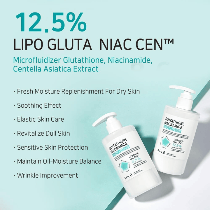 APLB Glutathione Niacinamide Body Lotion 12,5% Lipo Gluta Niac Cent con hidratación, equilibrio de la piel, efecto antiedad y protección para la piel sensible