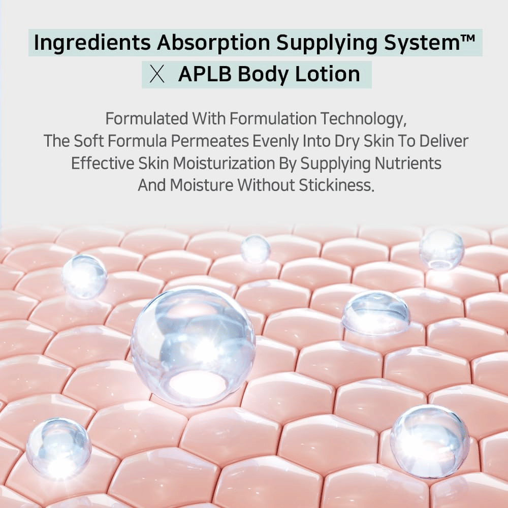 APLB body lotion con Ingredients Absorption Supplying System que penetra en la piel y proporciona hidratación intensa sin sensación pegajosa