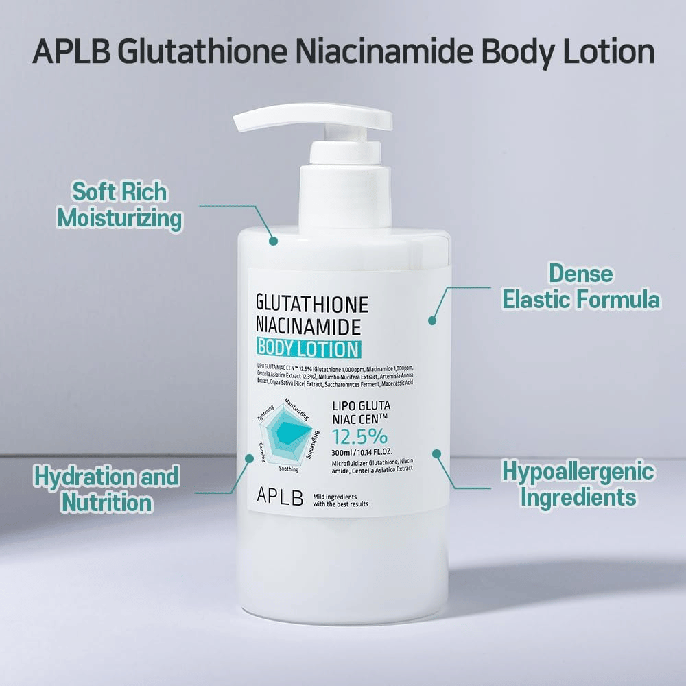 APLB Glutathione Niacinamide Body Lotion frasco con dosificador con fórmula hidratante y elástica e ingredientes hipoalergénicos para un cuidado de la piel suave y nutritivo