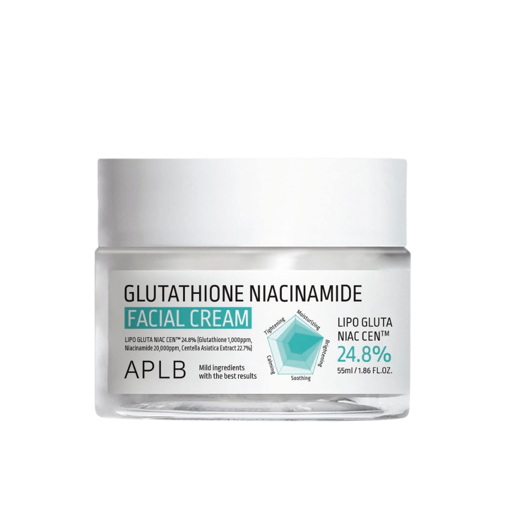 APLB Glutathione Niacinamide Facial Cream en tarro con fórmula ligera que hidrata, unifica el tono de la piel y aporta mayor luminosidad