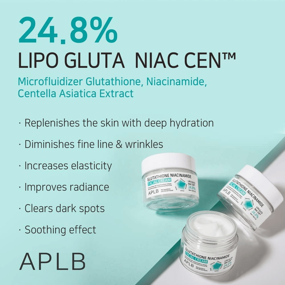 APLB Glutathione Niacinamide Facial Cream 24,8% Lipo Gluta Niac Cent con hidratación profunda, efecto antiedad y mejora del tono de la piel