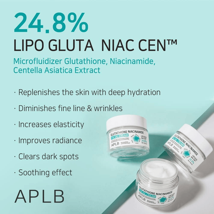 APLB Glutathione Niacinamide Facial Cream 24,8% Lipo Gluta Niac Cent con hidratación profunda, efecto antiedad y mejora del tono de la piel