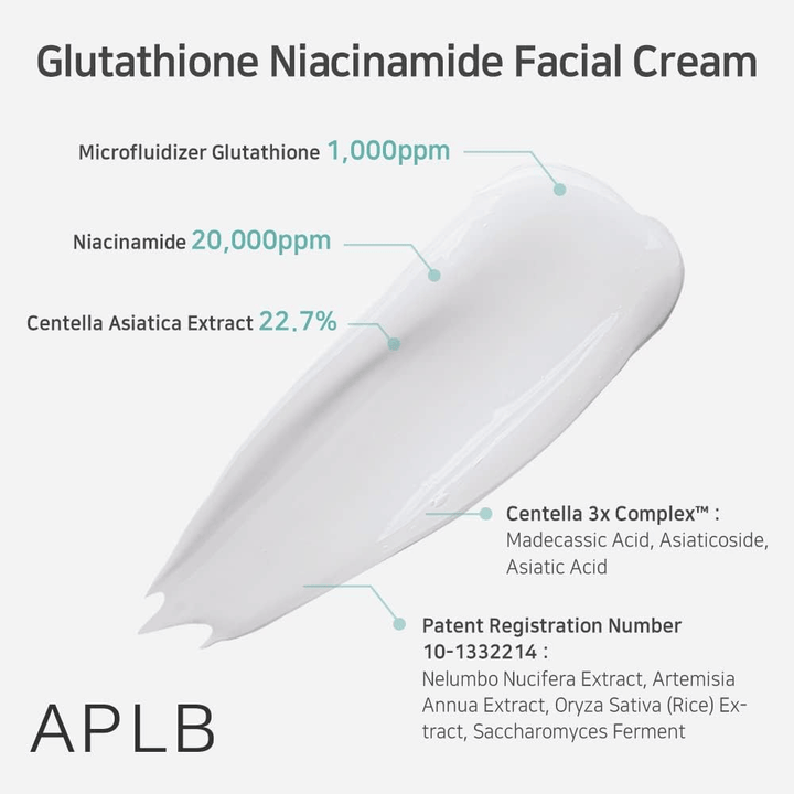 APLB Glutathione Niacinamide Facial Cream con 1000 ppm de glutatión, 20000 ppm de niacinamida y 22,7% de centella asiática para hidratación y efecto calmante