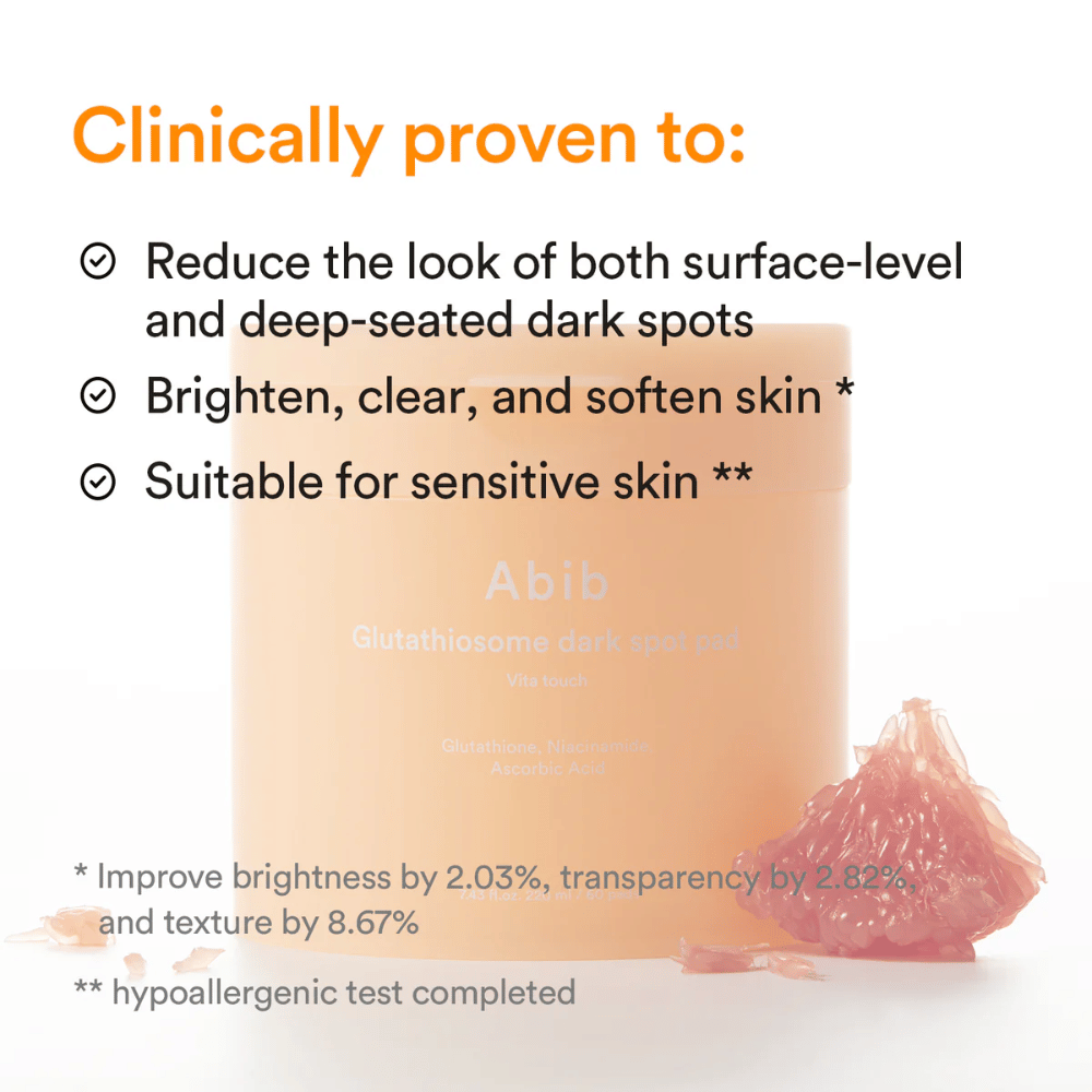 Abib Glutathiosome Dark Spot Pad Vita Touch con beneficios clínicamente probados para la luminosidad y la pigmentación.