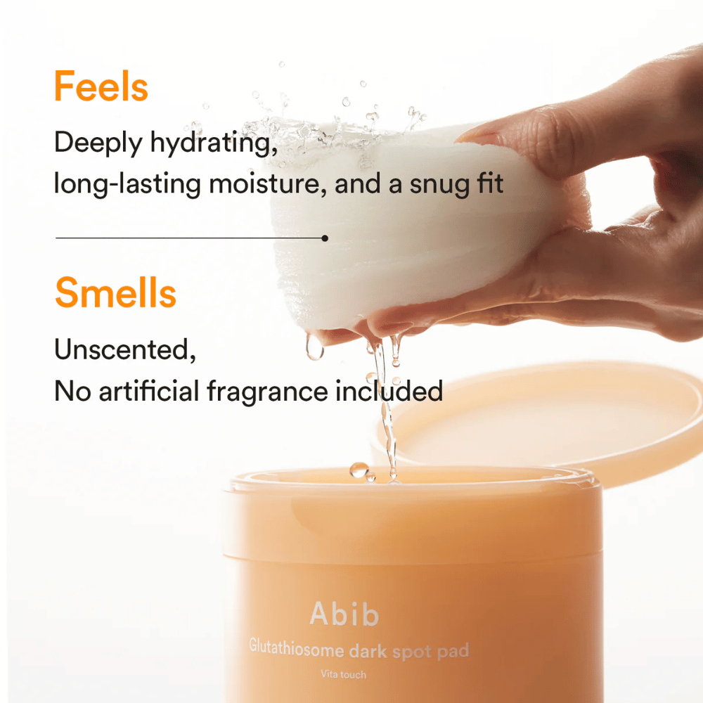 Toner pads hidratantes de Abib con fórmula sin perfume y efecto glow para piel sensible.