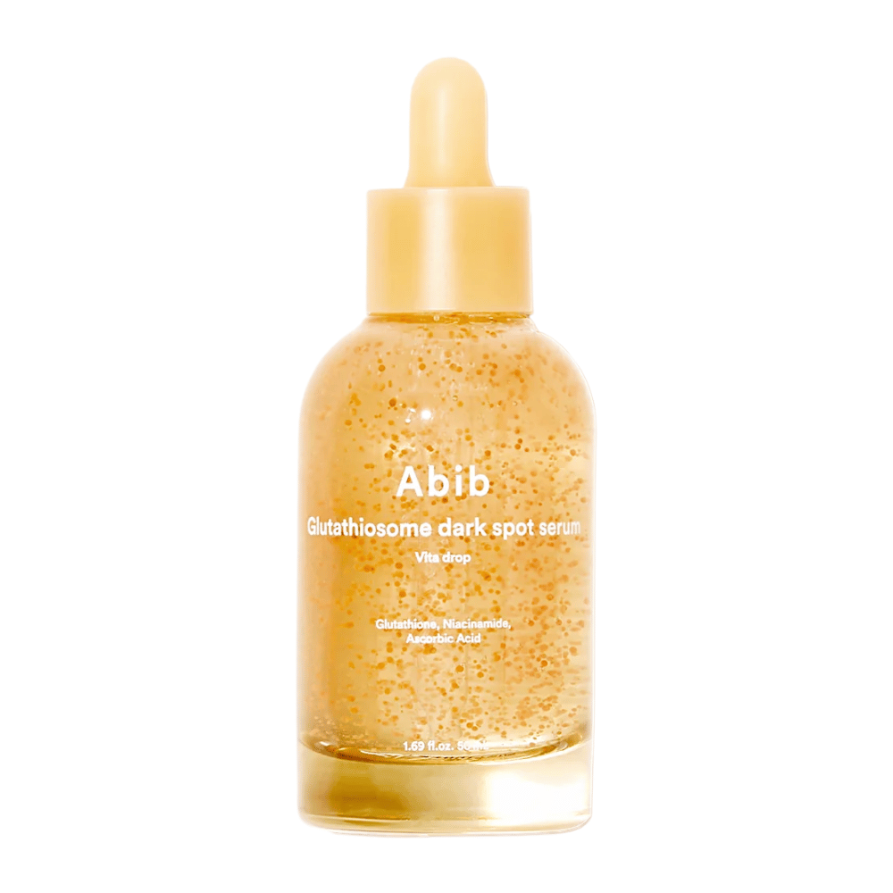 Imagen del producto de Abib Glutathiosome Dark Spot Serum Vita Drop en una botella de vidrio transparente con pipeta amarilla y microcápsulas visibles en el suero.