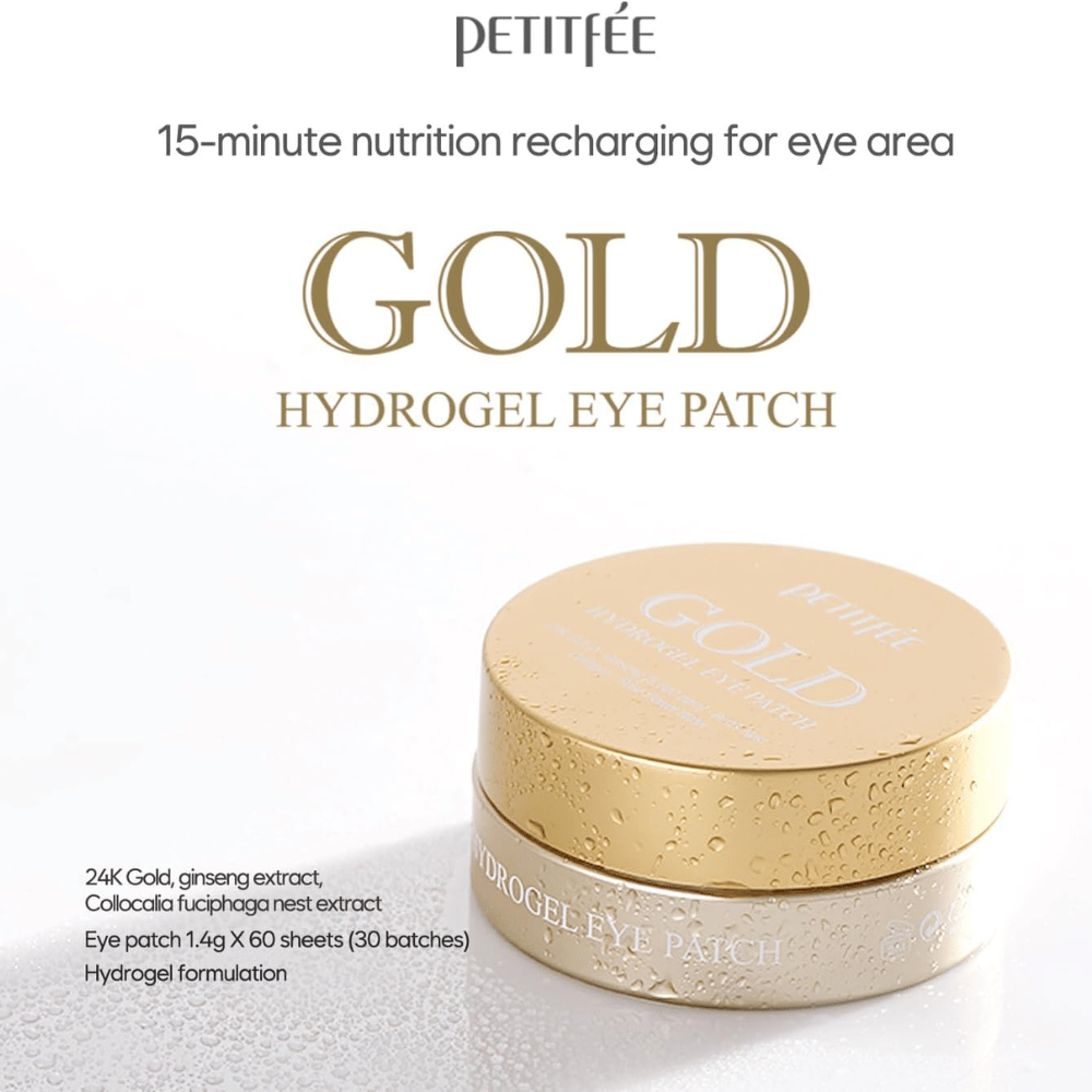 Imagen de producto elegante de PETITFEE Gold Hydrogel Eye Patch con envase dorado sobre un fondo claro. El texto destaca ingredientes como oro de 24K, ginseng y fórmula de hidrogel para hidratación y luminosidad.