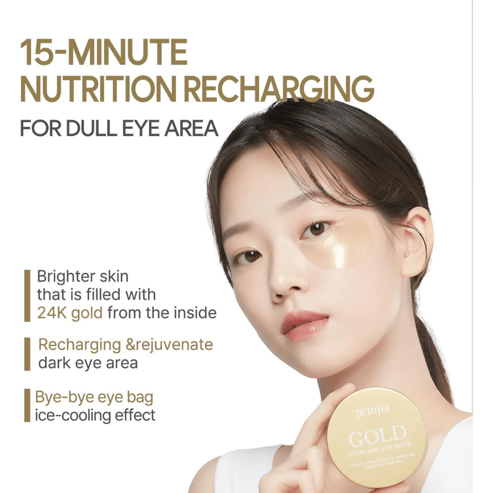 Imagen promocional con una modelo que usa PETITFEE Gold Hydrogel Eye Patch debajo del ojo. El enfoque está en aportar luminosidad, revitalizar la piel cansada y reducir la visibilidad de ojeras e hinchazón.