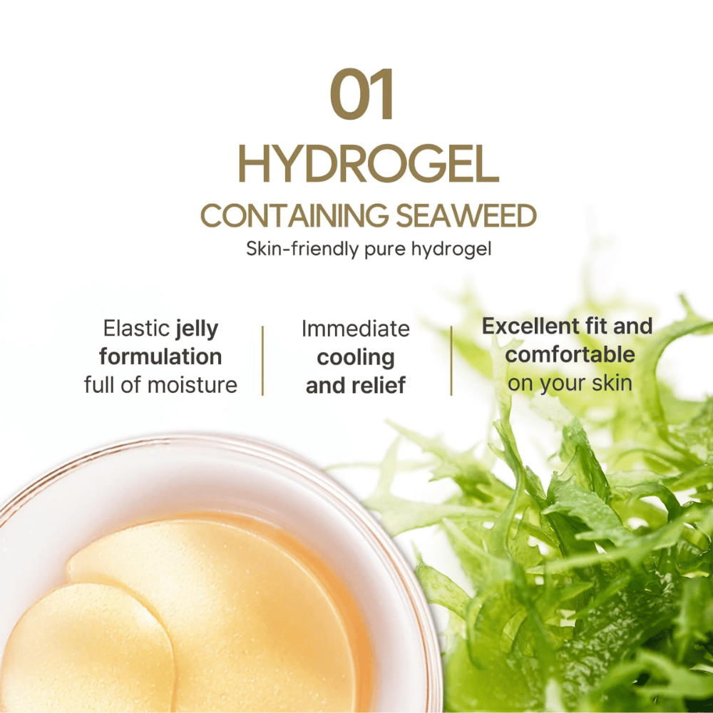 Imagen de producto que resalta la fórmula de hidrogel con algas marinas y sus propiedades hidratantes, refrescantes y respetuosas con la piel. La imagen también muestra los parches para ojos a base de gel dentro del envase.