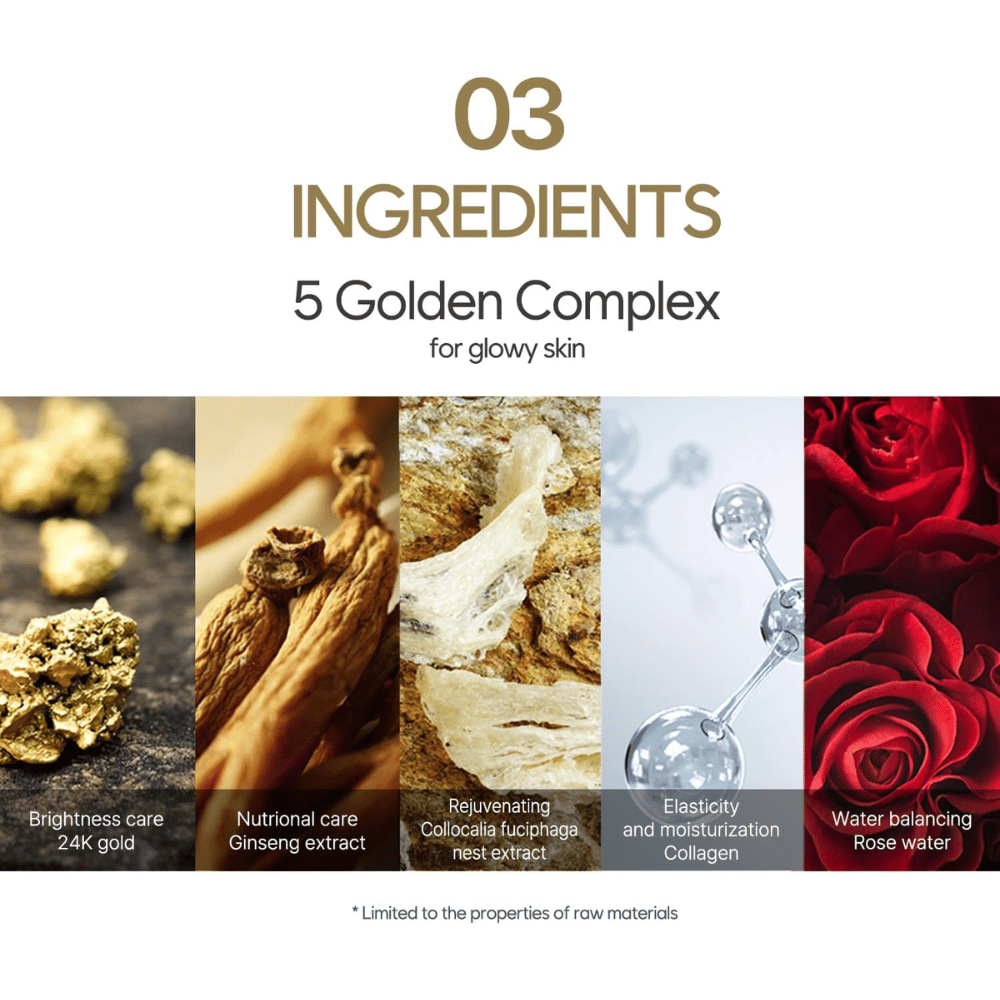 Imagen informativa sobre el “5 Golden Complex” con ingredientes como oro de 24K, extracto de ginseng, extracto de nido de pájaro, colágeno y agua de rosas. El enfoque está en la luminosidad, la elasticidad y la hidratación.