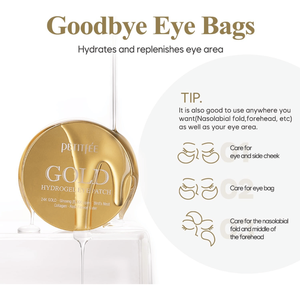 Imagen de producto de PETITFEE Gold Hydrogel Eye Patch centrada en hidratar y cuidar la zona bajo los ojos. La imagen también muestra diferentes áreas de uso, como bolsas bajo los ojos, zona de las mejillas y líneas nasolabiales.