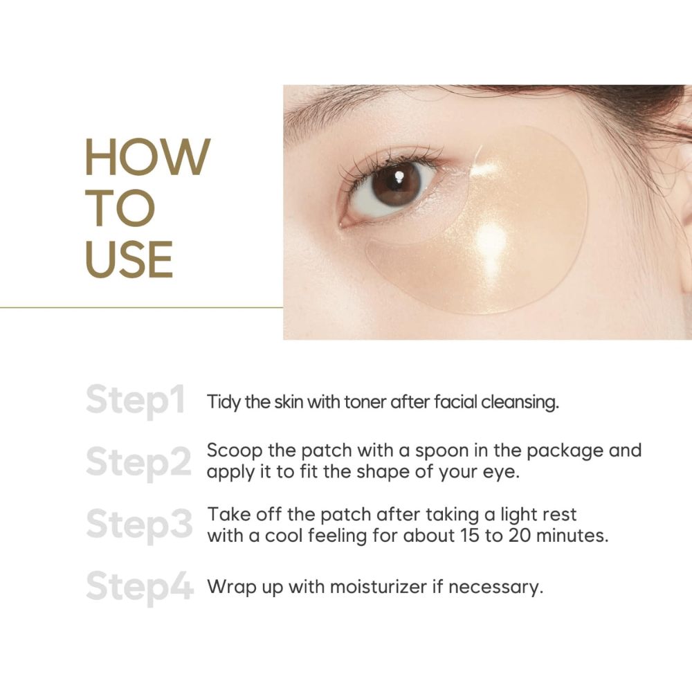Imagen instructiva que muestra cómo se aplican los parches de hidrogel para ojos debajo de los ojos después de la limpieza y el tónico. La guía paso a paso describe el uso y el tiempo de actuación recomendado para una piel hidratada y fresca.