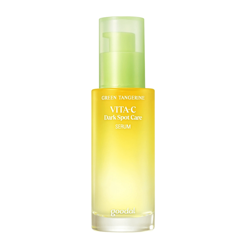 Una botella Green Tangerine Vita C Dark Spot Care Serum de 40ml de Goodal para hiperpigmentación sobre fondo blanco.