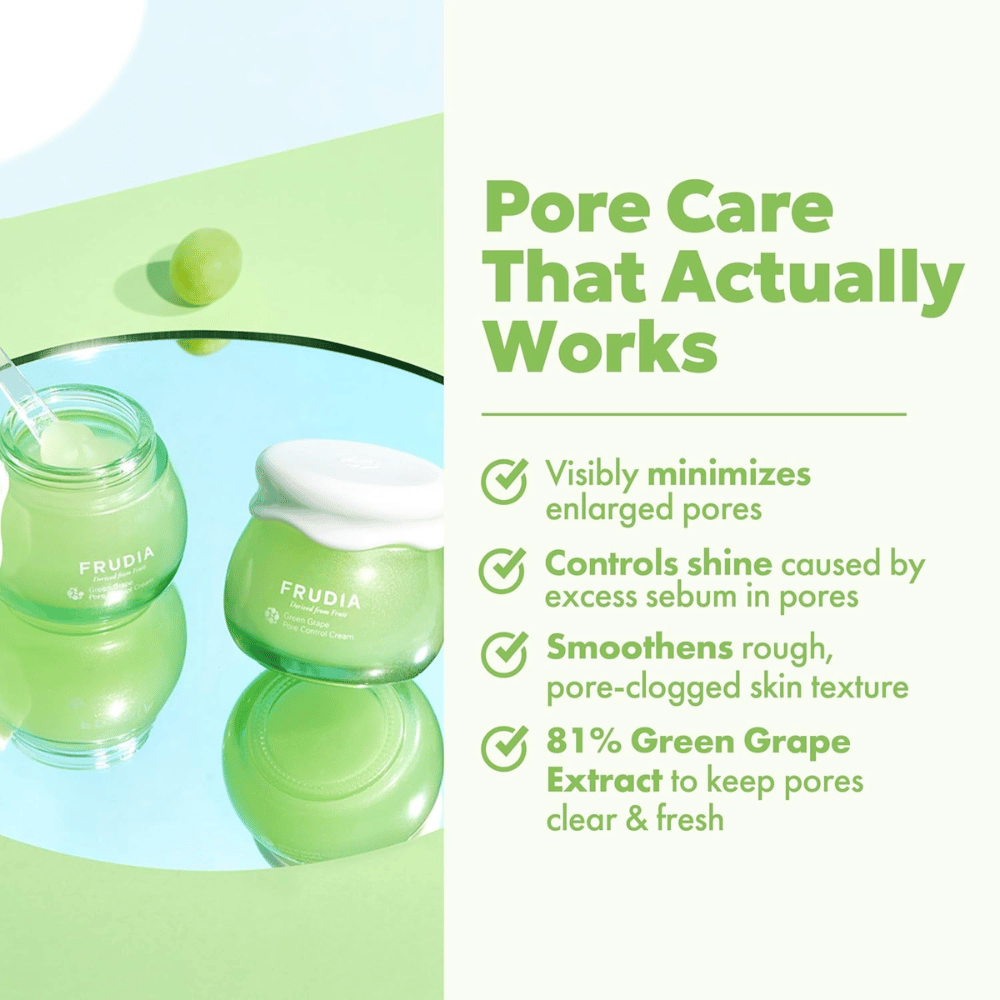 FRUDIA Green Grape Pore Control Cream que reduce visiblemente los poros, controla el brillo y suaviza la textura de la piel con un 81 % de extracto de uva verde.