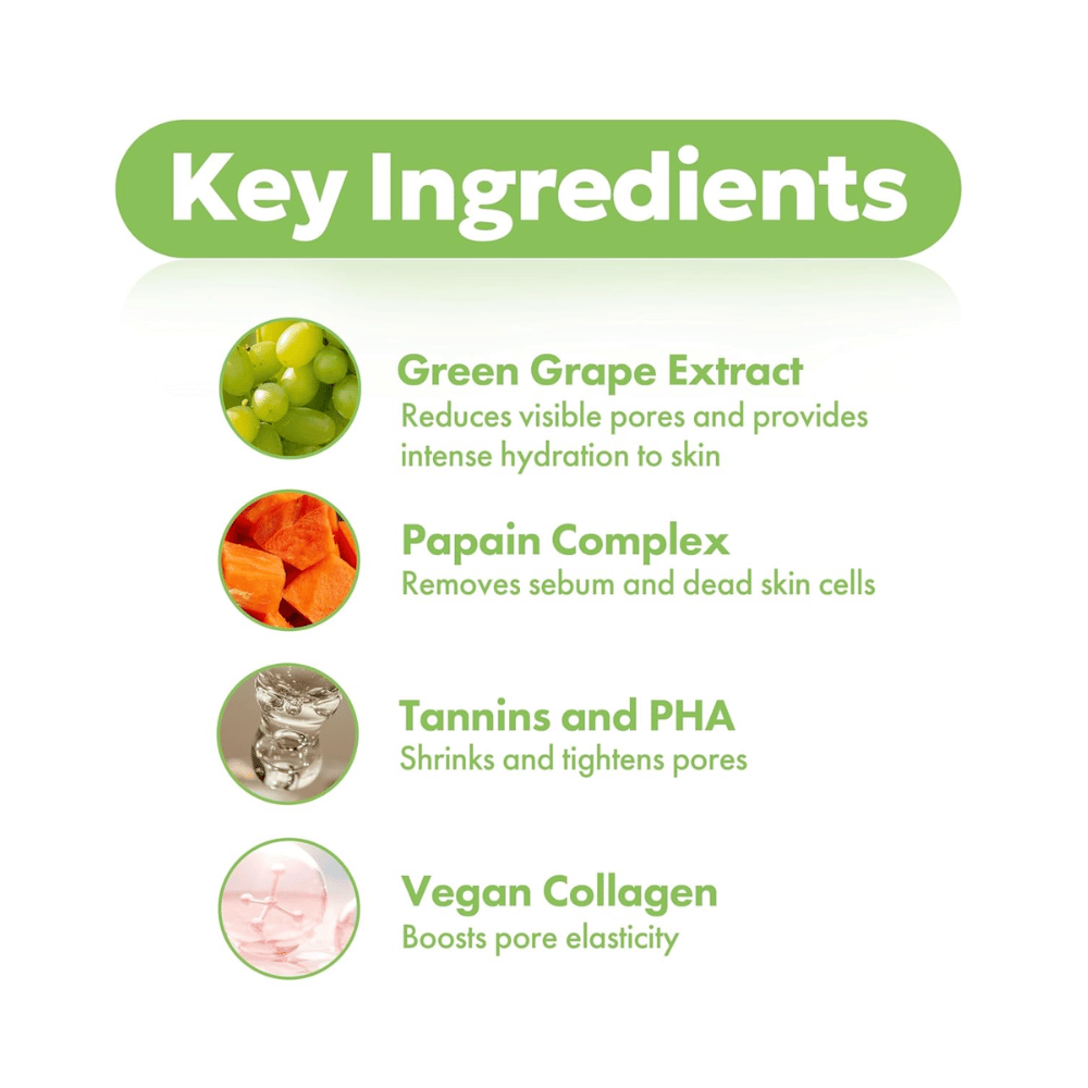 Ingredientes clave en FRUDIA Green Grape Pore Control Cream con extracto de uva verde, papaína, PHA, taninos y colágeno vegano para una piel más clara y suave.