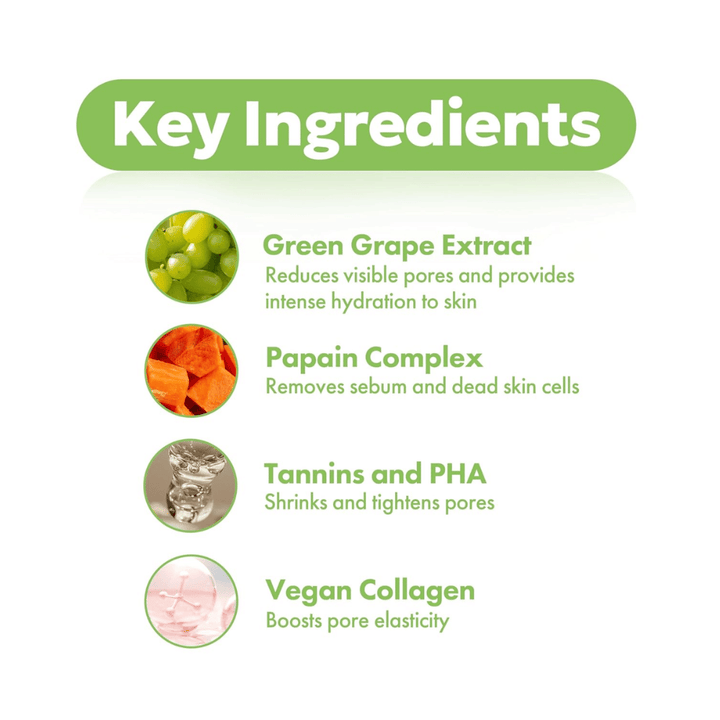 Ingredientes clave en FRUDIA Green Grape Pore Control Cream con extracto de uva verde, papaína, PHA, taninos y colágeno vegano para una piel más clara y suave.