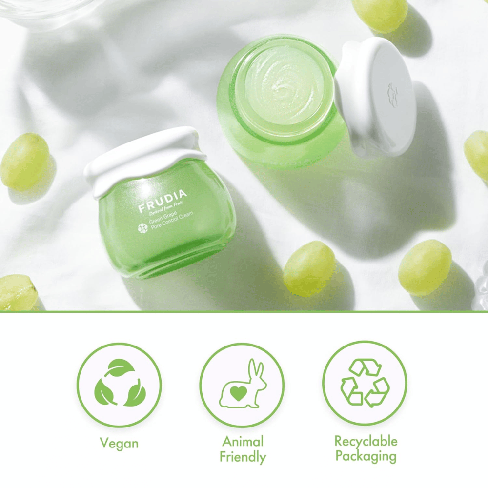 FRUDIA Green Grape Pore Control Cream con extracto de uva verde, crema facial vegana que minimiza los poros, equilibra el sebo y ofrece un envase reciclable.